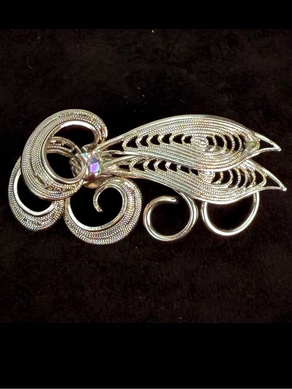 Stylish Silvertone Filigree iridescent accent Brooch